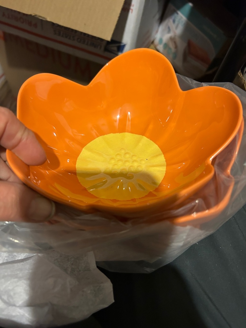 Orange Flower-Shaped Ceramic Snack Bowl with Yellow Center